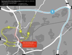 Umleitungsempfehlungen Sperrung B10 Richtung Süden. (c) Stadt Ulm